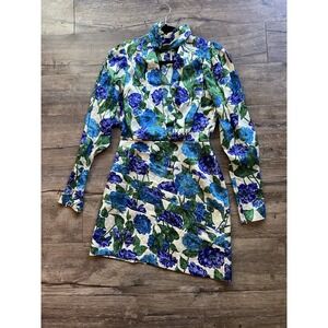 Ronny Kobo Satin Mockneck Mini Dress‎ Small Floral Asymmetrical